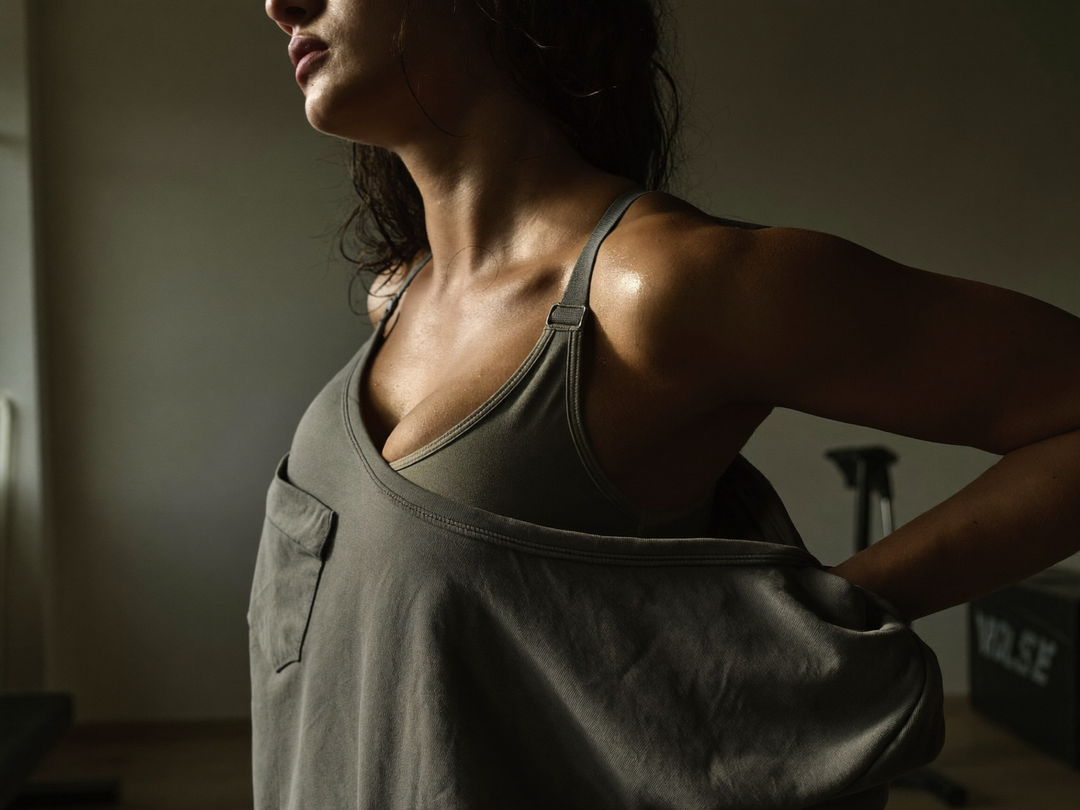 Gros plan sur une femme en sueur qui ajuste la bretelle de sa brassière sous un haut ample