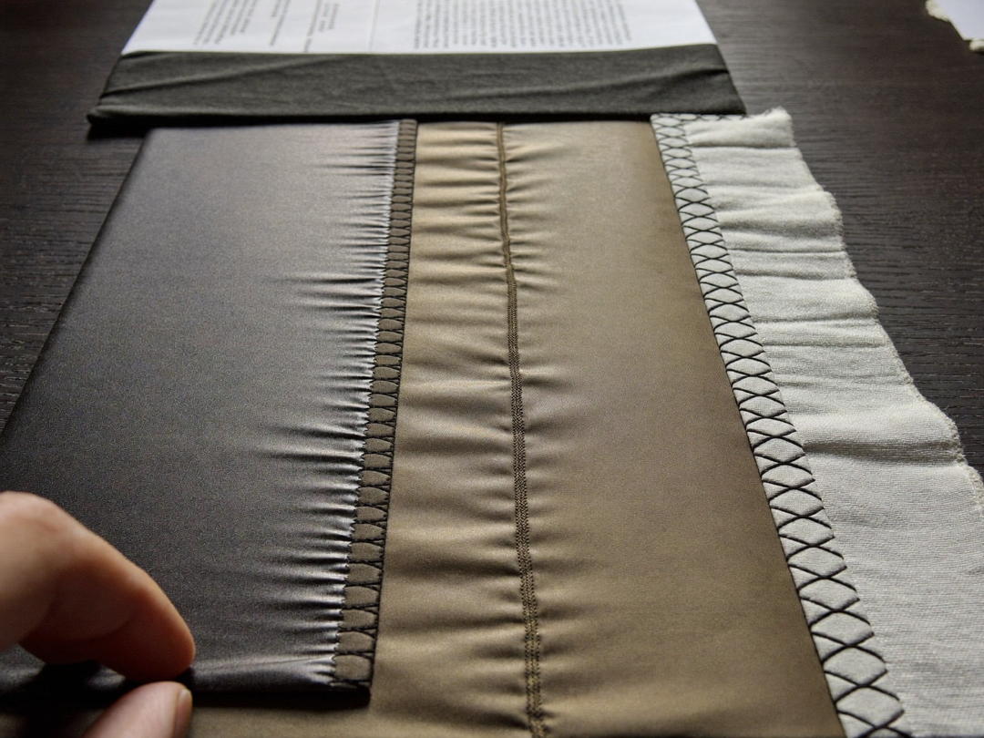 Trois types de coutures de vêtements techniques comparées sur des échantillons de tissu