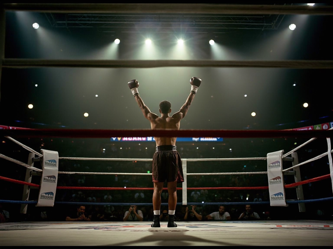 Boxeur victorieux seul sur le ring, bras levés, vu de dos